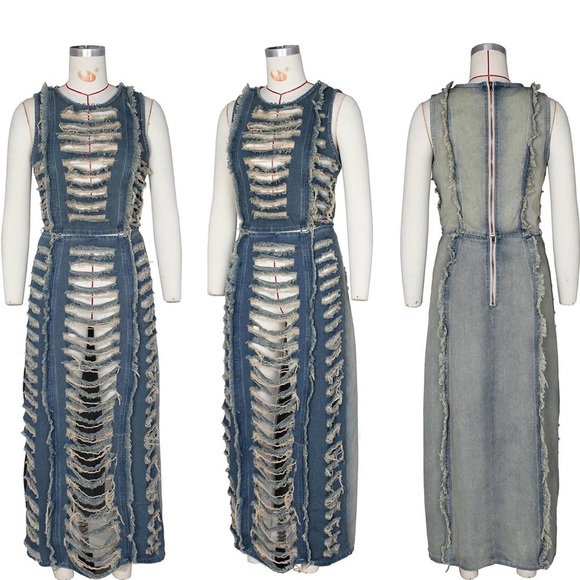 NWT. Ripped Dark Washed Denim Crop Top With Side Slit Long Skirt - Picture 7 of 7